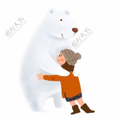 女孩和大熊拥抱小清新插画设计可商用元素