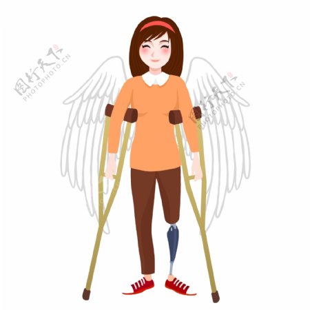 带着翅膀拄着拐杖的乐观残疾人女孩可商用元素