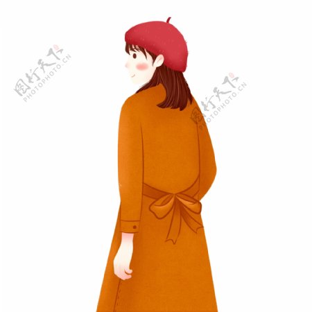 彩绘穿着橘色大衣的时尚女生人物背影设计