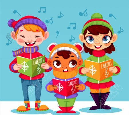 3个冬季唱歌的儿童