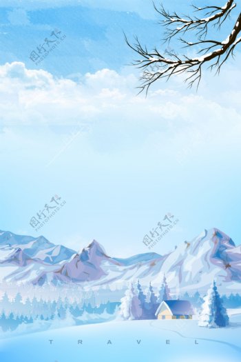 彩绘冬季大雪雪山背景素材