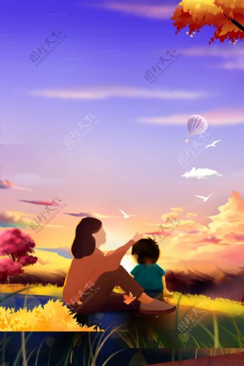彩云下的母女感恩节背景素材