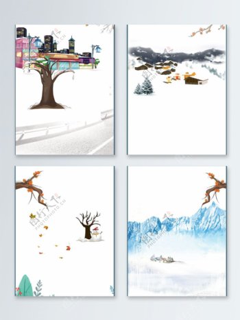 树木清新冬季卡通手绘广告背景