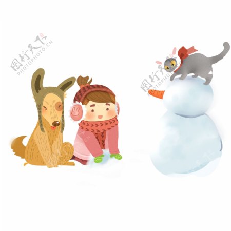 卡通手绘女孩和动物堆雪人