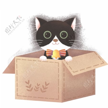 呆萌盒子里的小猫插画元素设计