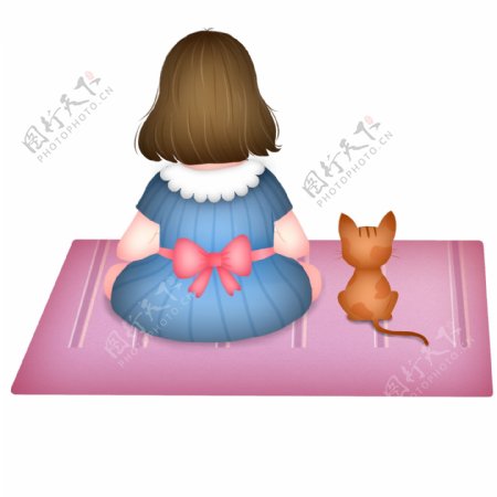 彩绘坐在垫子上的女孩和猫咪背影设计