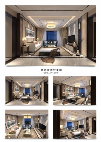 新中式客厅空间效果图模型