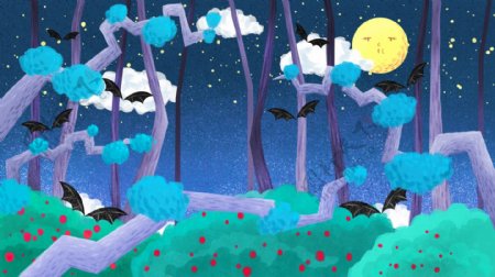 手绘星空下的树林晚安背景素材