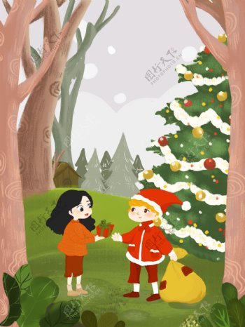 手绘卡通圣诞树背景