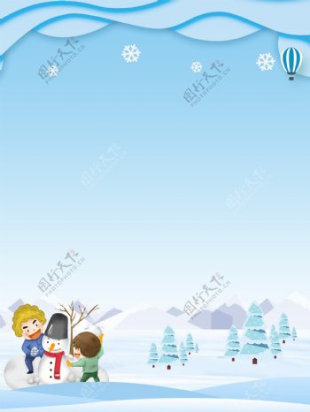 唯美手绘冬季雪景堆雪人插画背景