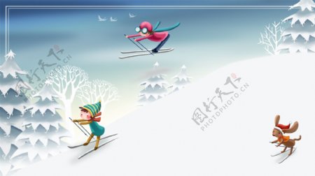 清新孩童滑雪广告背景