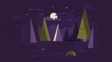 手绘晚安你好紫色场景树林背景素材