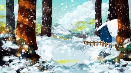 手绘树林中的大雪节气背景素材