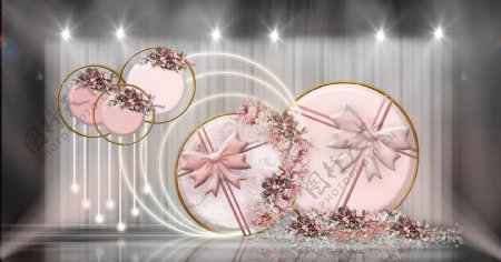 粉色圆形礼物盒造型蝴蝶结线条婚礼效果图