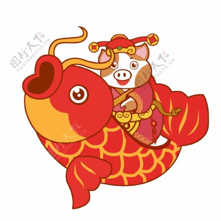 传统中国风骑着锦鲤的财神猪