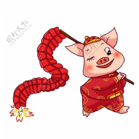 中国风放鞭炮的猪卡通设计