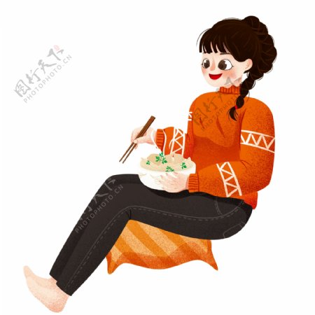 彩绘温馨冬至在家吃饺子的女孩