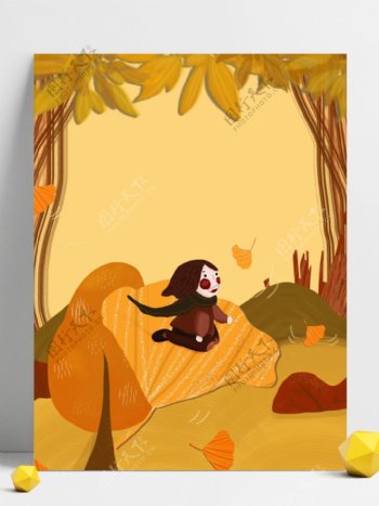 秋季银杏落叶上的女孩背景素材