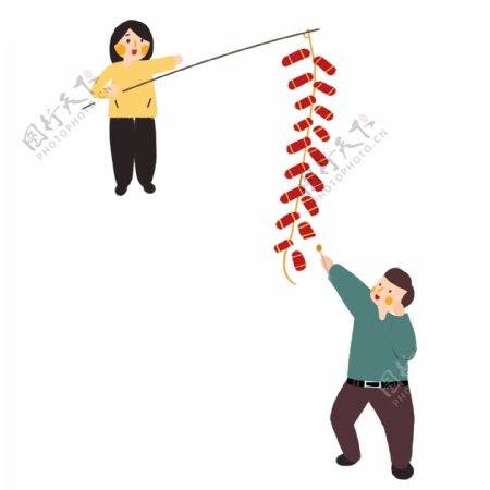 春节放鞭炮的夫妻卡通设计