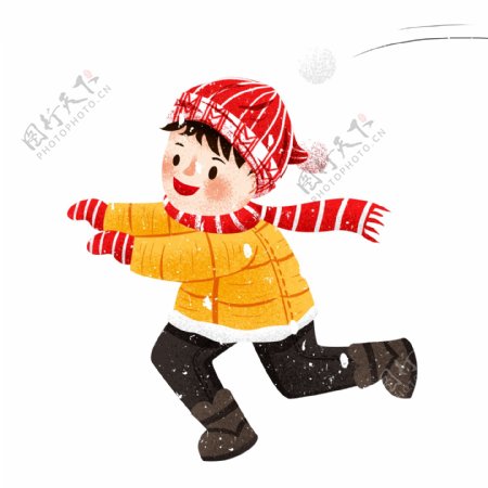 卡通大雪中奔跑的男孩人物设计