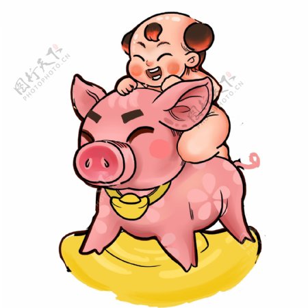 粉红小猪招财童子卡通设计