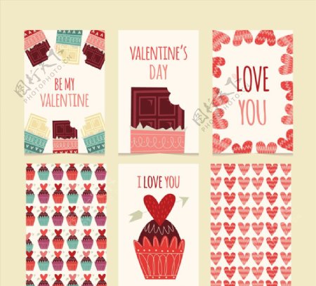6款彩绘情人节甜点卡片矢量素材