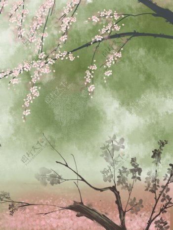 彩绘冬季树林花枝背景设计