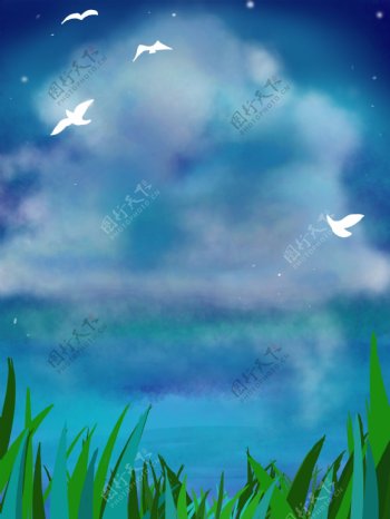 唯美彩绘蓝天绿叶海鸥背景设计