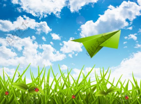 纸飞机和蓝天绿草背景矢量素材