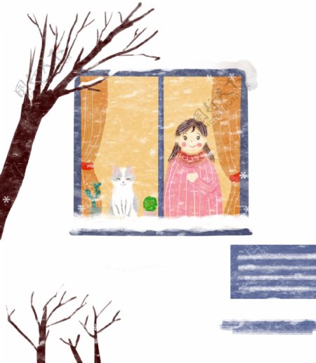 冬天女孩和猫在窗口看雪