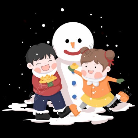 新年小孩堆雪人图