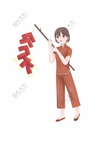 春节人物和鞭炮插画