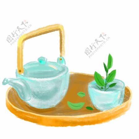 手绘蓝色植物茶壶插画