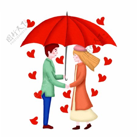 手绘撑伞约会的情侣插画