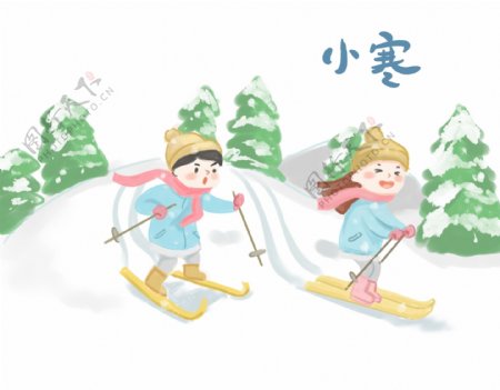 小寒节气滑雪手绘插画