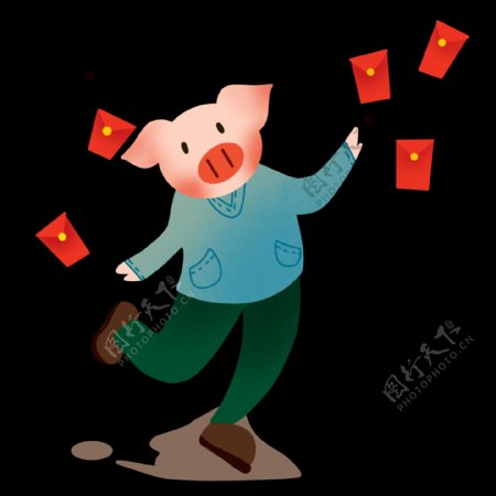新年猪猪红包手绘插画
