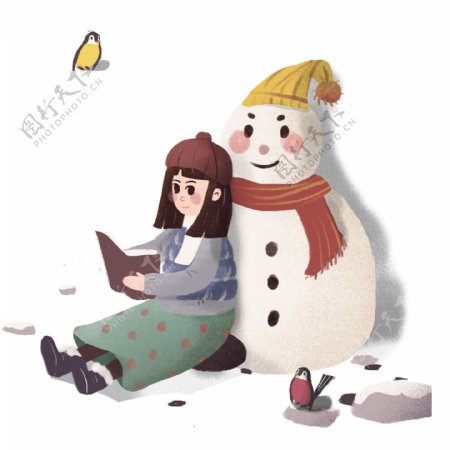 文艺清新靠着雪人看书的女孩