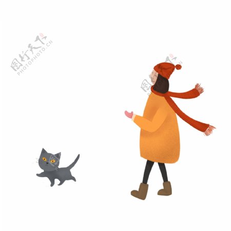 散步的女孩和猫咪手绘设计