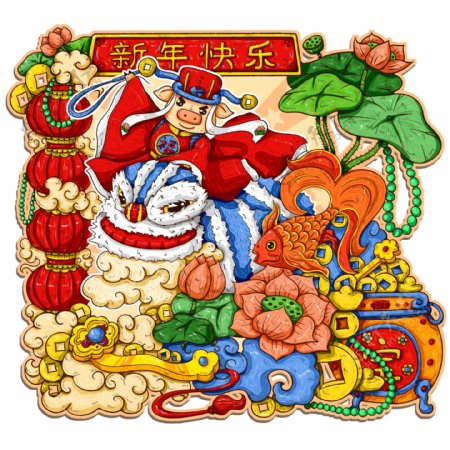 原创手绘中国风年画新年快乐猪年舞狮喜庆