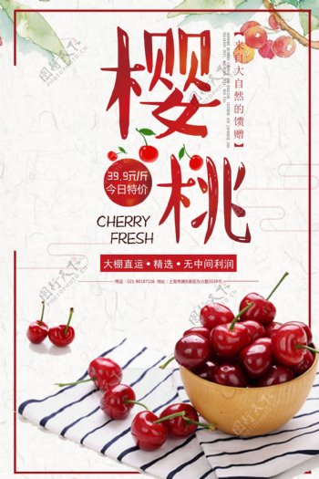 简约清新樱桃夏季水果海报
