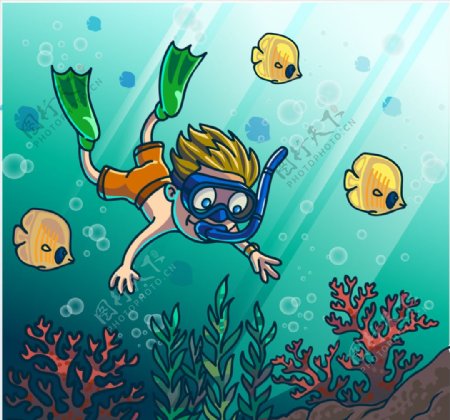 卡通海底潜水