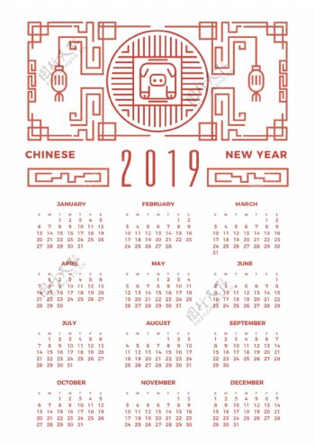 线描元素中国新年日历