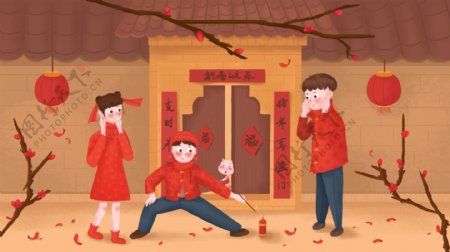 2019猪年男孩女孩春节放鞭炮卡通插画