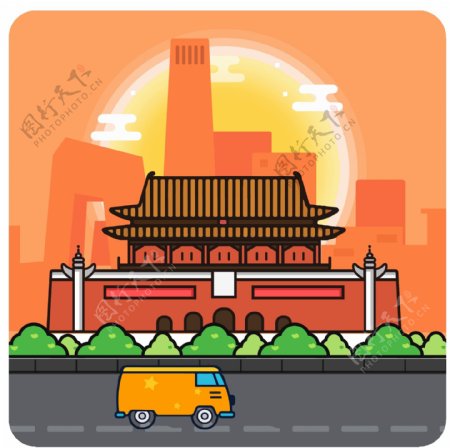 北京天安门汽车建筑物风景建筑插画