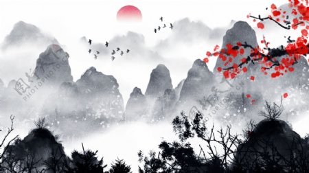 唯美中国风水墨画水墨山水风景插画