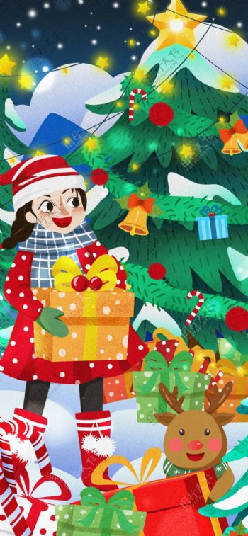 圣诞节圣诞树抱礼物女孩麋鹿礼物盒插画