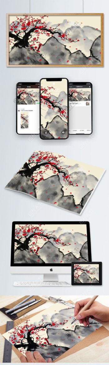 中国风梅花山水壁纸花瓣飘落红色鲜艳花朵