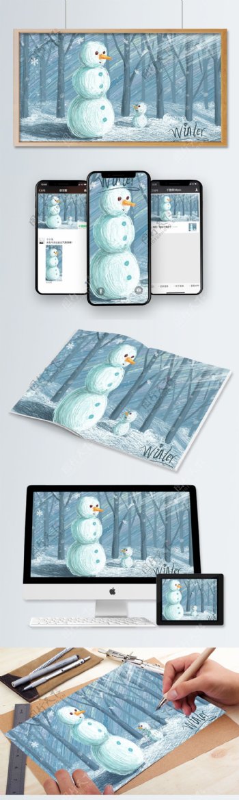 线圈印象治愈插画冬天雪地上的雪人插画海报
