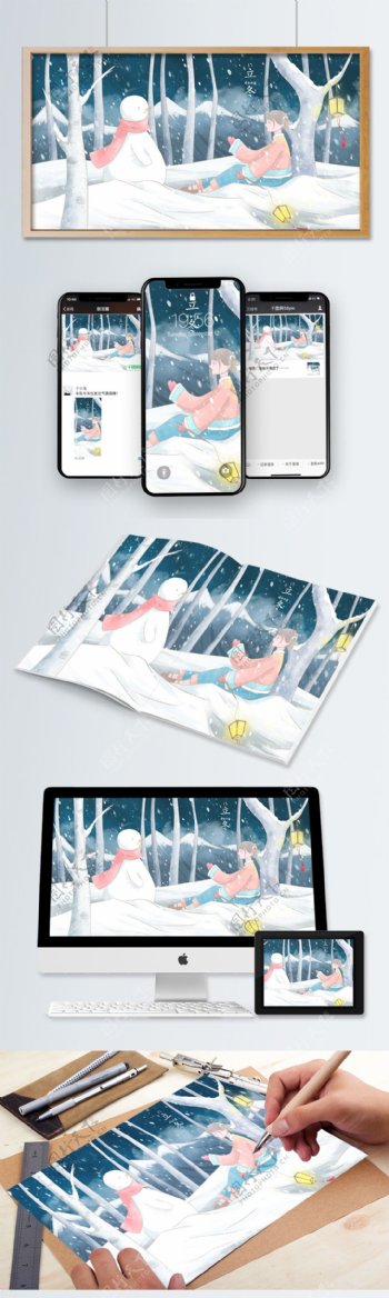 立冬水彩插画夜晚树林里的雪人和女孩