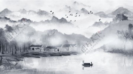 唯美复古中国水墨画古风风景画中国水墨插画